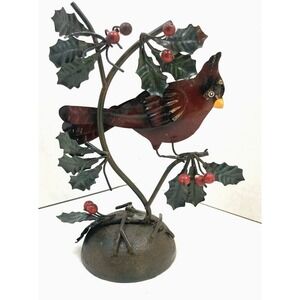 Vintage Metal Winter Cardinal and Holly Leaves Cast Iron Base Figure 7" Tall